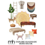 Stylish boho decor featuring a Pink Trim Natural Round Jute Rug, perfect for dining rooms or living room area rugs. This area rug complements various home decor pieces such as a potted plant in a dog-shaped basket, a wooden ladder, and a beautifully crafted chandelier. Ideal for adding a cozy touch to any living room.