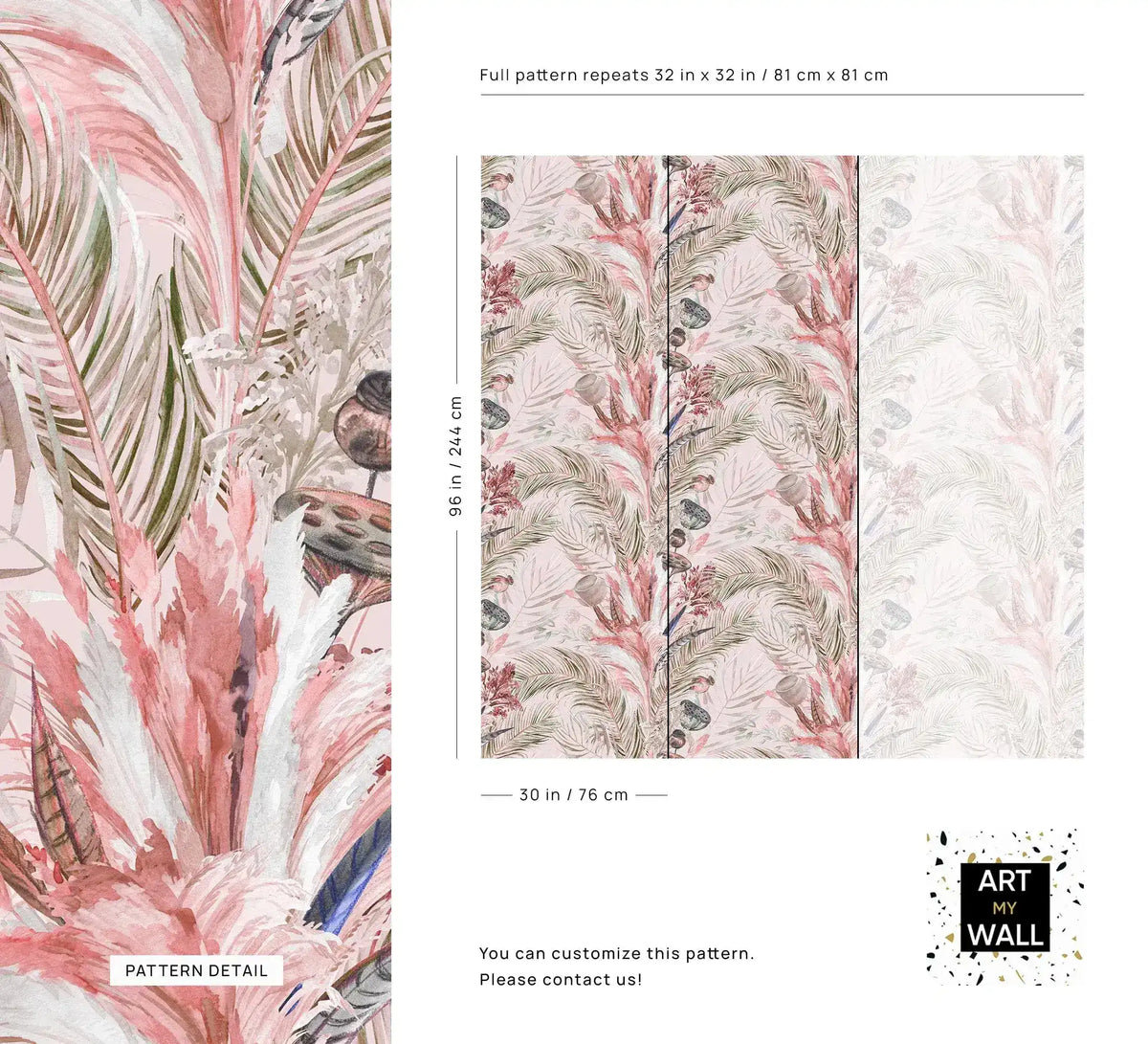 Pink tropic breeze wallpaper detail of blush palm fronds with repeat and panel sizing
