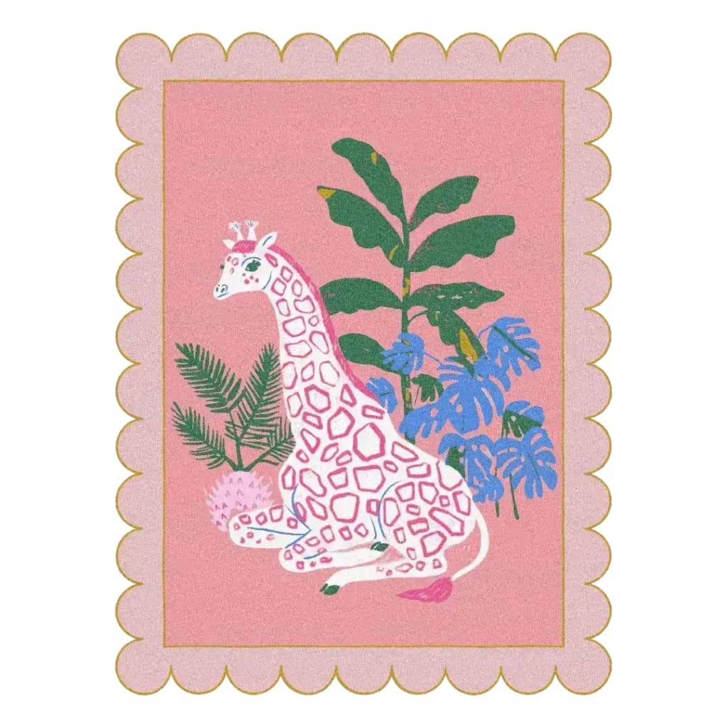Area rug featuring a whimsical pink and white giraffe surrounded by lush tropical leaves on a pink background. Perfect for adding a touch of charm to dining room carpets, wool rug collections, or as a centerpiece in living room or formal dining room settings.