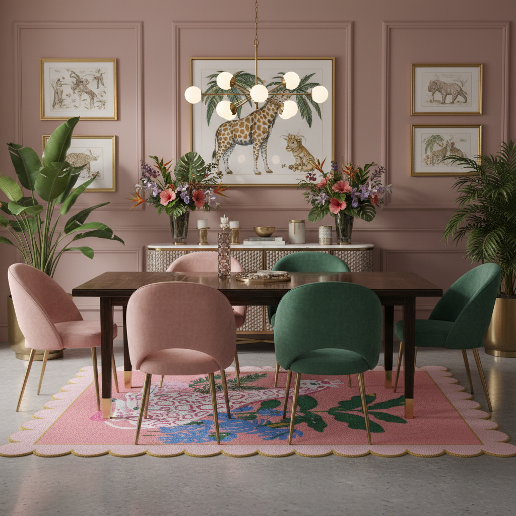 Pink White Giraffe Tropic Scallop Hand Tufted Rug