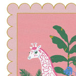 Charming hand-tufted area rug featuring a whimsical pink and white giraffe alongside tropical leaves on a pink background. Perfect for adding a playful touch to your dining room or living room, this wool rug with scalloped edges makes an ideal choice for both dining room carpets and formal dining room rugs.