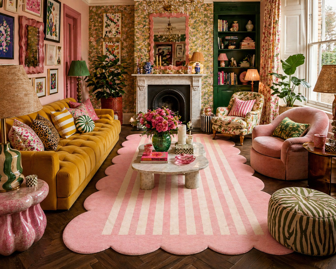 Colorful living room with yellow sofa, pink rug, and decorative elements.