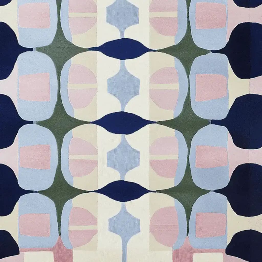 Contemporary area rug with an abstract geometric pattern in soft pink, blue, and green hues. This wool rug offers a stylish touch to large living rooms, making it a perfect choice for area rugs in living room settings.