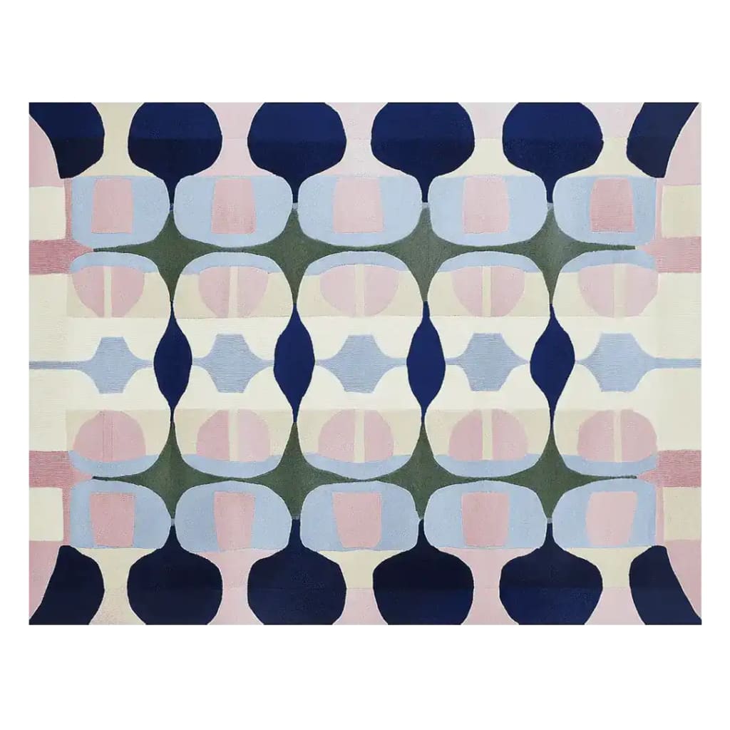 Stylish Pixel Ritual Hand Tufted Area Rug featuring a contemporary geometric pattern with shades of blue, pink, and green, perfect for a large living room. This wool rug adds a modern touch to any space and is ideal for those seeking unique area rugs for living room decor.