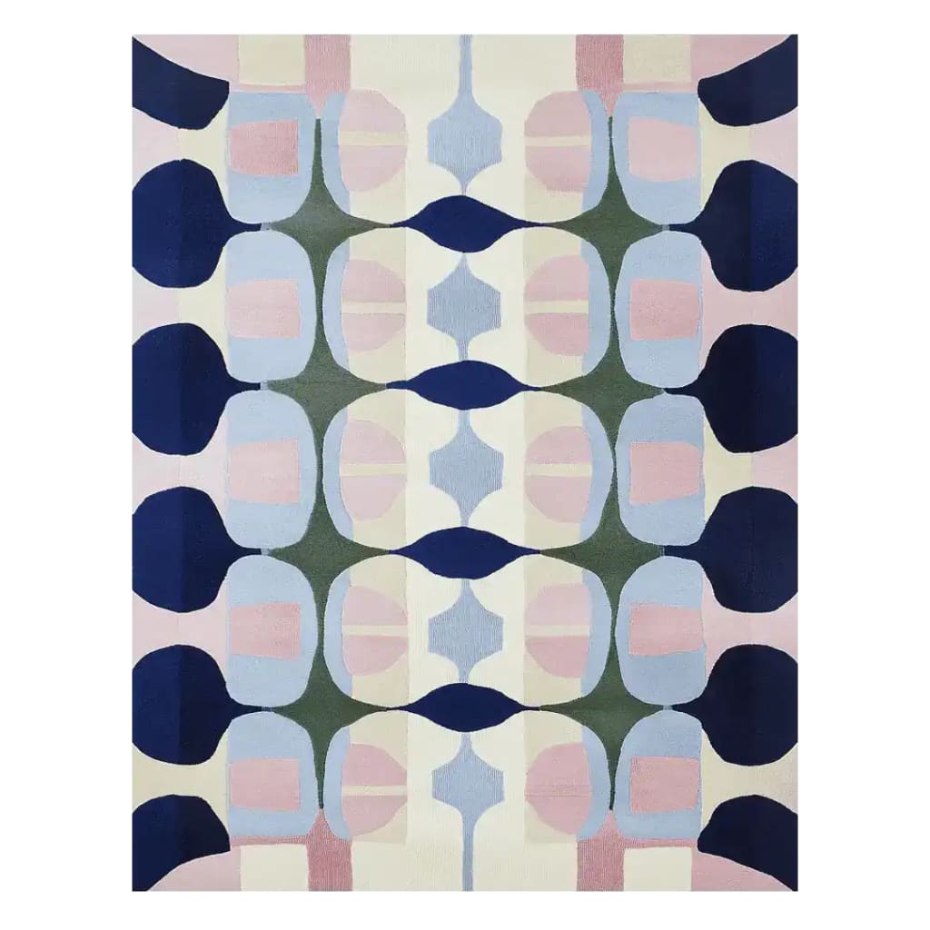 Top view of the Pixel Ritual Hand Tufted Area Rug, featuring a contemporary abstract design with bold geometric patterns in shades of blue, pink, and green. This wool rug is perfect for adding a modern touch to large living room spaces.