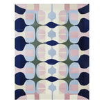Top view of the Pixel Ritual Hand Tufted Area Rug, featuring a contemporary abstract design with bold geometric patterns in shades of blue, pink, and green. This wool rug is perfect for adding a modern touch to large living room spaces.