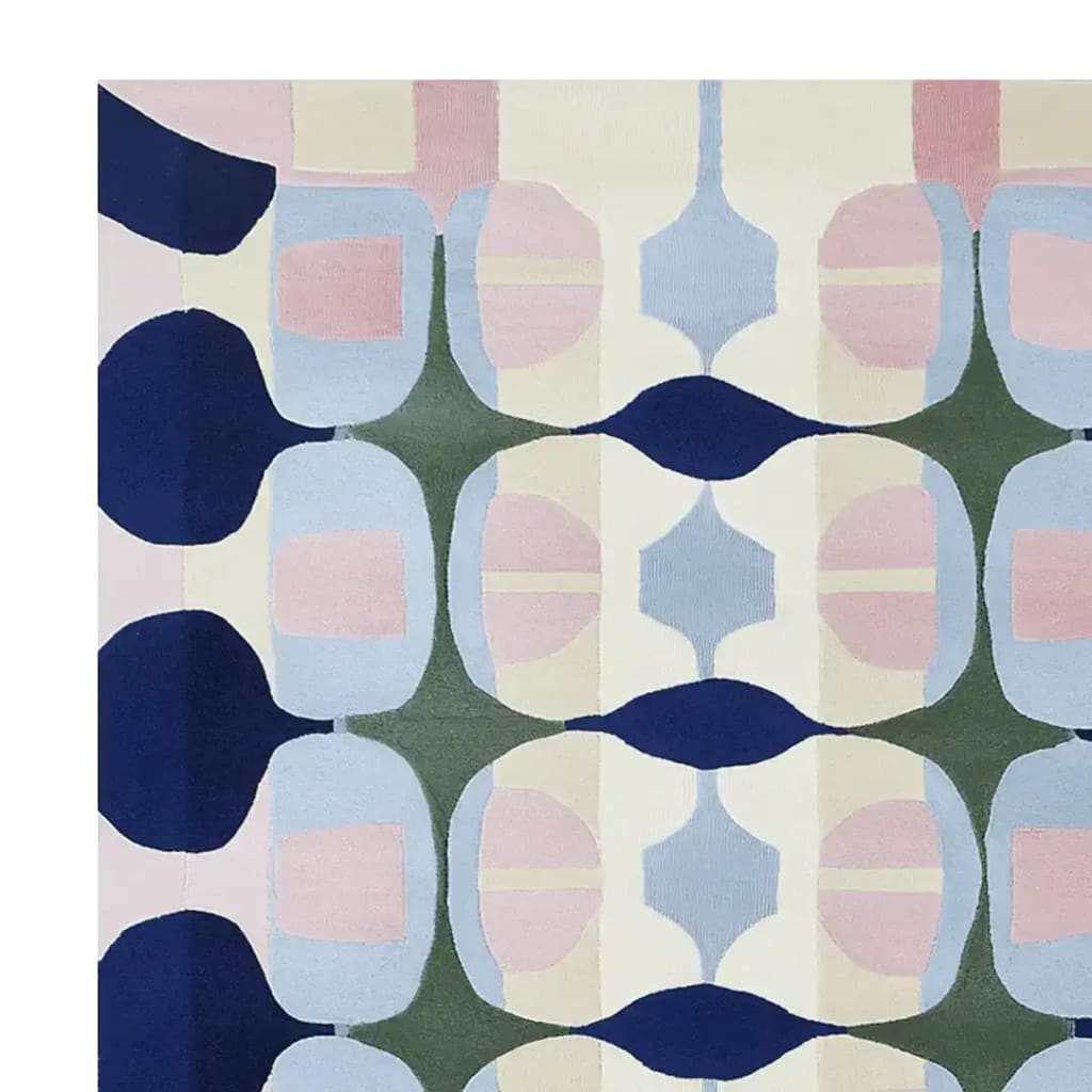A vibrant area rug featuring a contemporary design with abstract patterns in shades of blue, pink, and green. Perfect for adding a touch of modern style to large living rooms, this wool rug showcases a unique artistic flair, ideal for those seeking stylish area rugs for their living room.