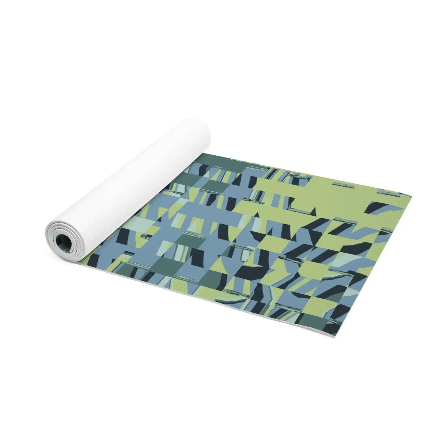 Pixel Wave mat half rolled showing white grippy underside and green-blue pattern