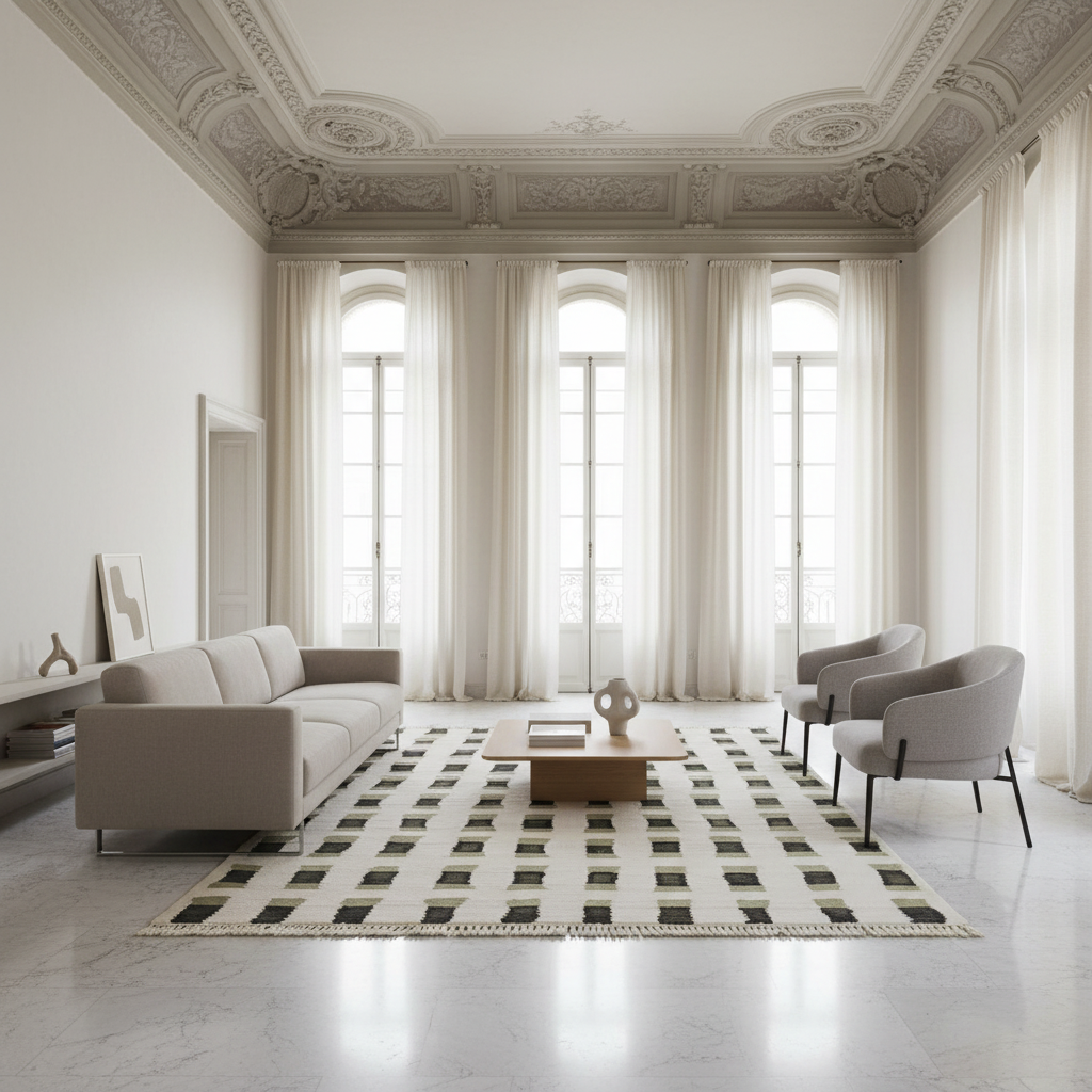 Modern living room with a geometric rug, sofa, and chairs in a bright room.