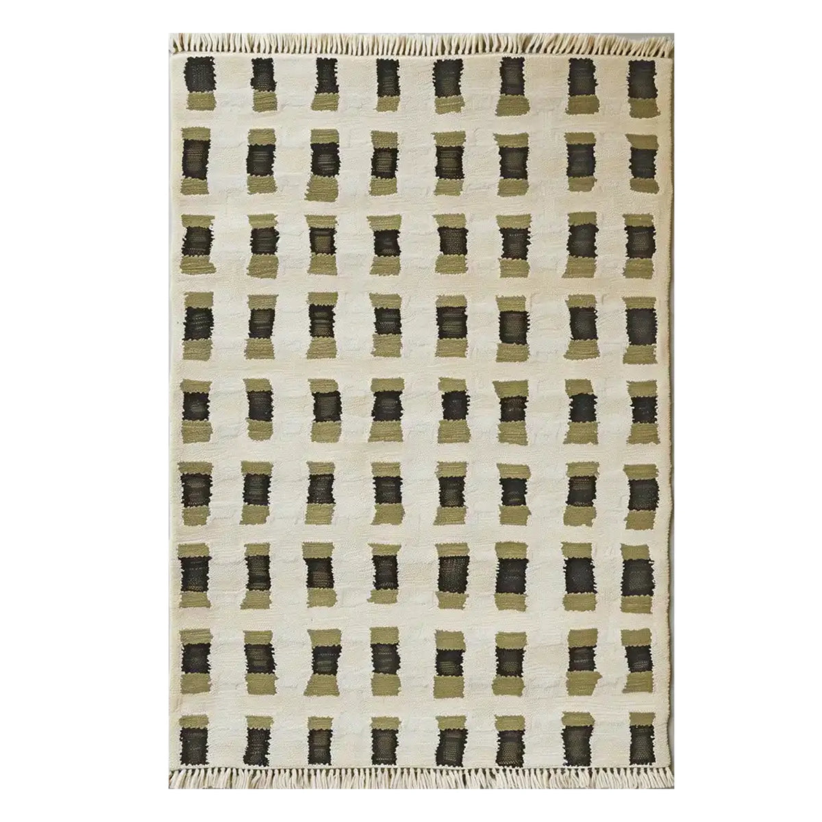 Top view of a contemporary wool rug, the Pixel Weave Knotted Wool Rug, featuring a geometric pattern in earthy tones. Ideal as an area rug, it complements modern living spaces, making it a perfect choice for large living room rugs.