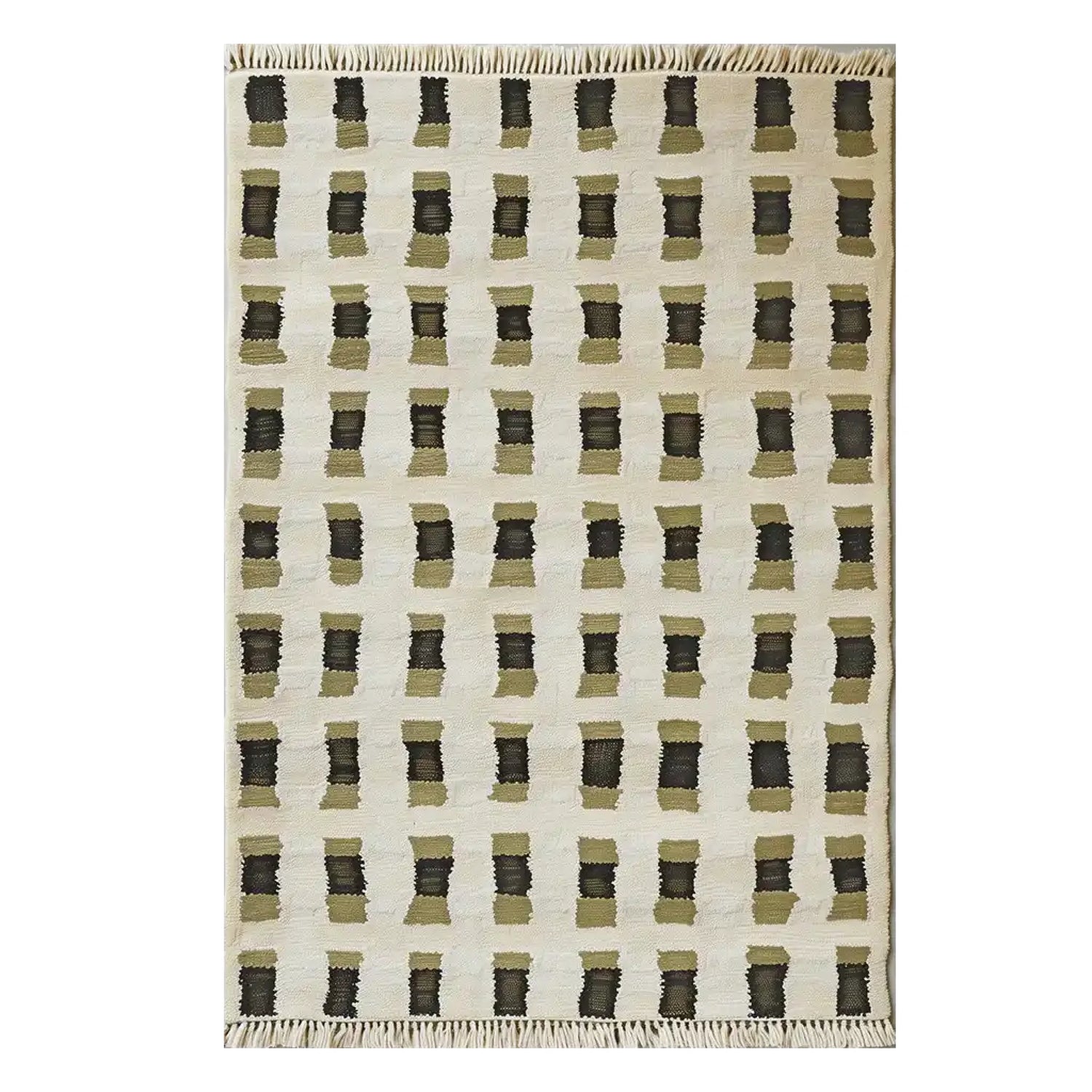 Top view of a contemporary wool rug, the Pixel Weave Knotted Wool Rug, featuring a geometric pattern in earthy tones. Ideal as an area rug, it complements modern living spaces, making it a perfect choice for large living room rugs.