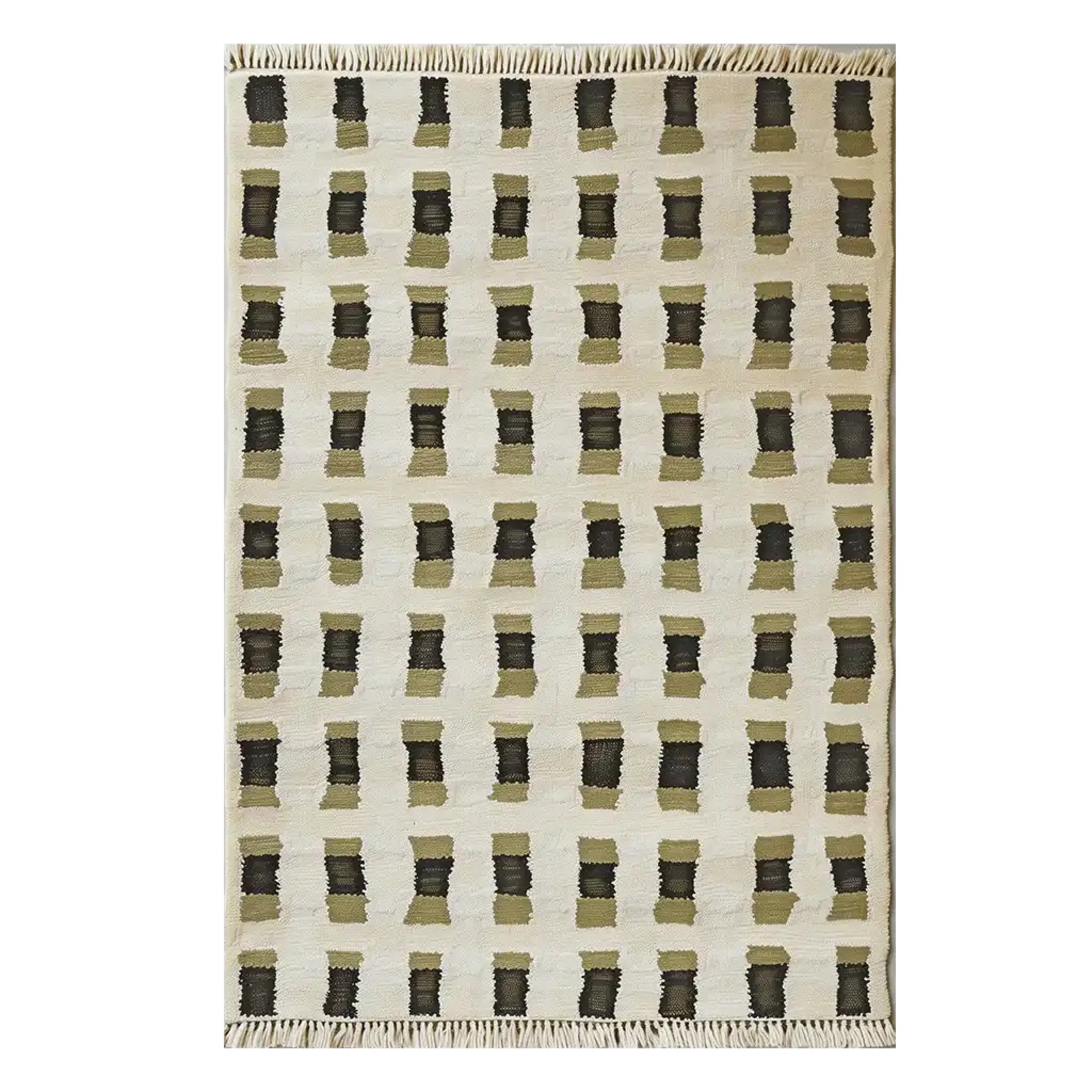 Top view of a contemporary wool rug, the Pixel Weave Knotted Wool Rug, featuring a geometric pattern in earthy tones. Ideal as an area rug, it complements modern living spaces, making it a perfect choice for large living room rugs.