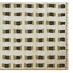 Top view of a contemporary wool area rug featuring a geometric pattern in earthy tones. This large living room rug showcases a unique design with rectangular motifs, perfect for adding a modern touch to any space.