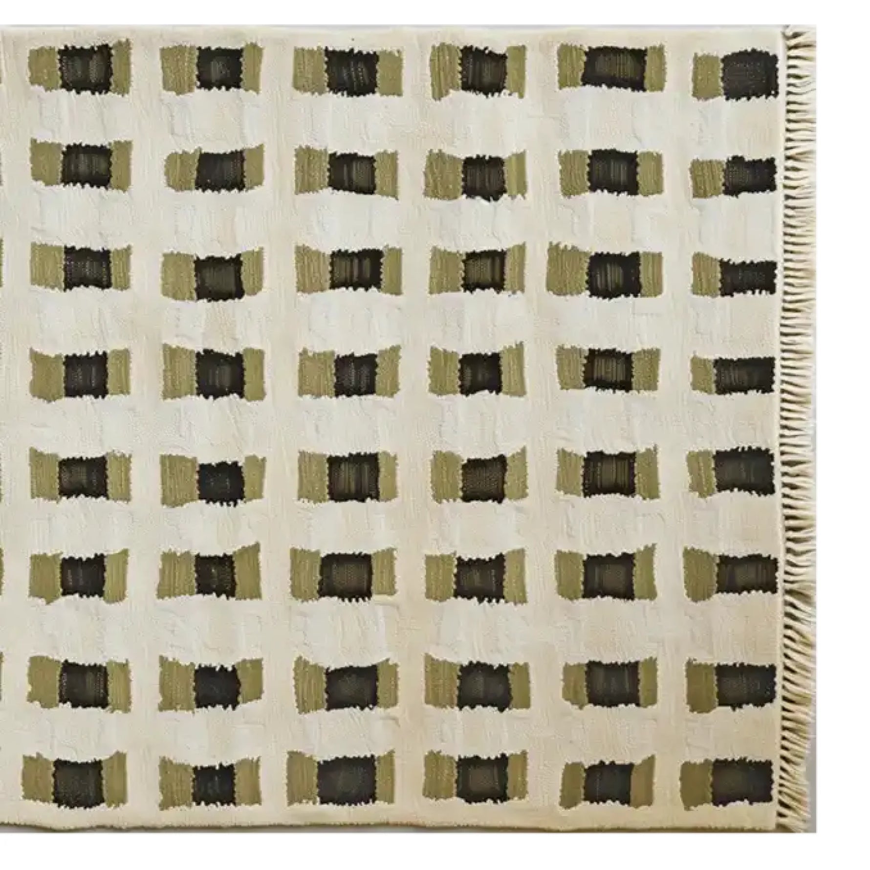 Top view of a contemporary wool area rug featuring a geometric pattern in earthy tones. This large living room rug showcases a unique design with rectangular motifs, perfect for adding a modern touch to any space.
