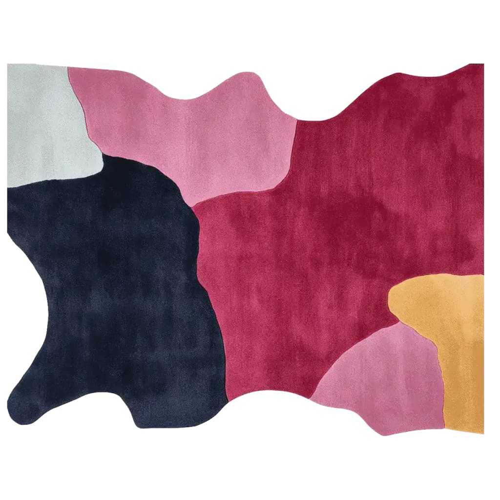 This vibrant area rug features an abstract design with bold patches of black, pink, red, and yellow, making it a perfect contemporary rug for a stylish living room. Crafted from high-quality wool, this hand tufted rug is designed to fit an 8x10 space, adding warmth and color to your decor.