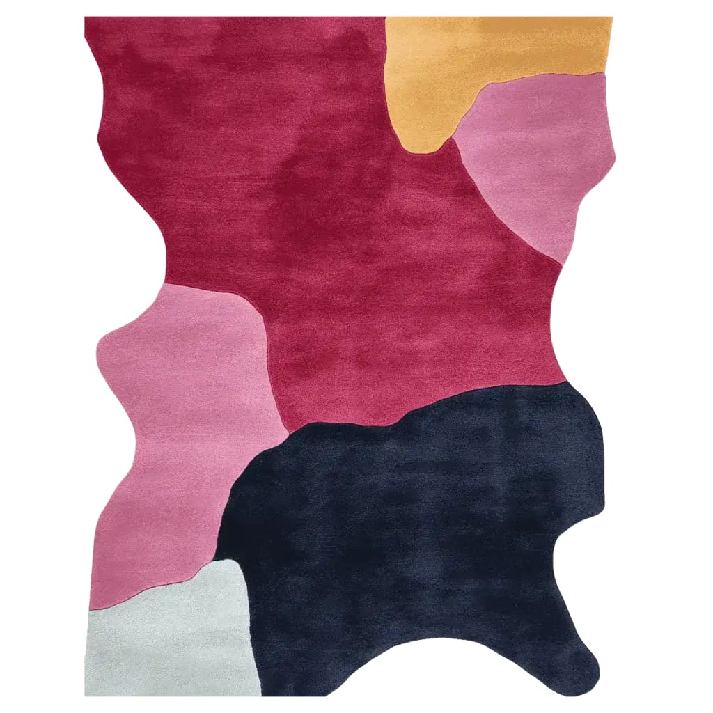 Vibrant and uniquely shaped area rug with an abstract design, showcasing bold blocks of red, pink, yellow, black, and white colors. This contemporary wool rug is perfect for adding a modern touch to living room spaces, ideally sized at 8x10.