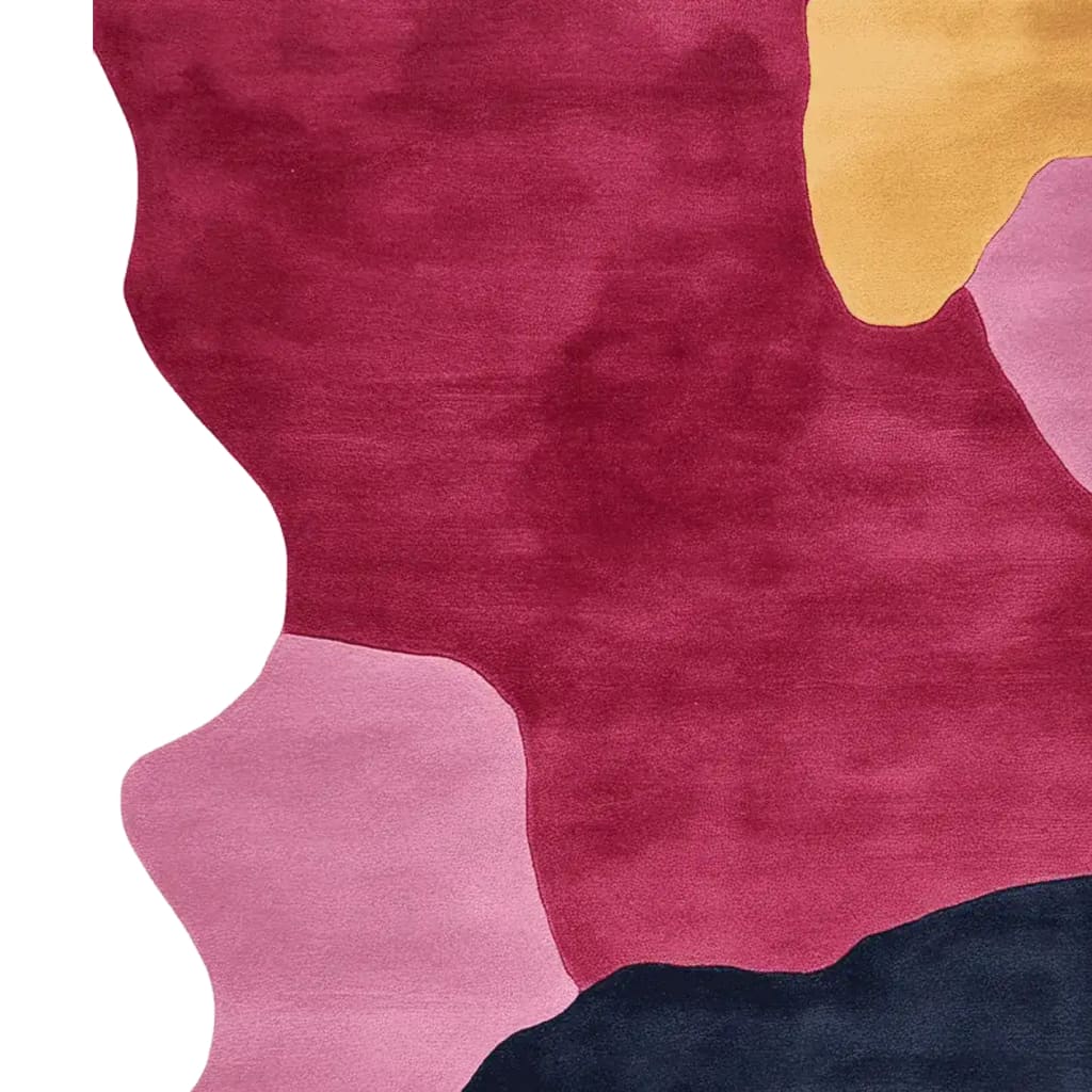 Vibrant and contemporary area rug featuring a hand-tufted design in rich shades of red, pink, and yellow. This 8x10 wool rug is perfect for adding a splash of color to any modern living room.