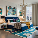 Modern bedroom with blue bed, an abstract wool rug, abstract art, and city view