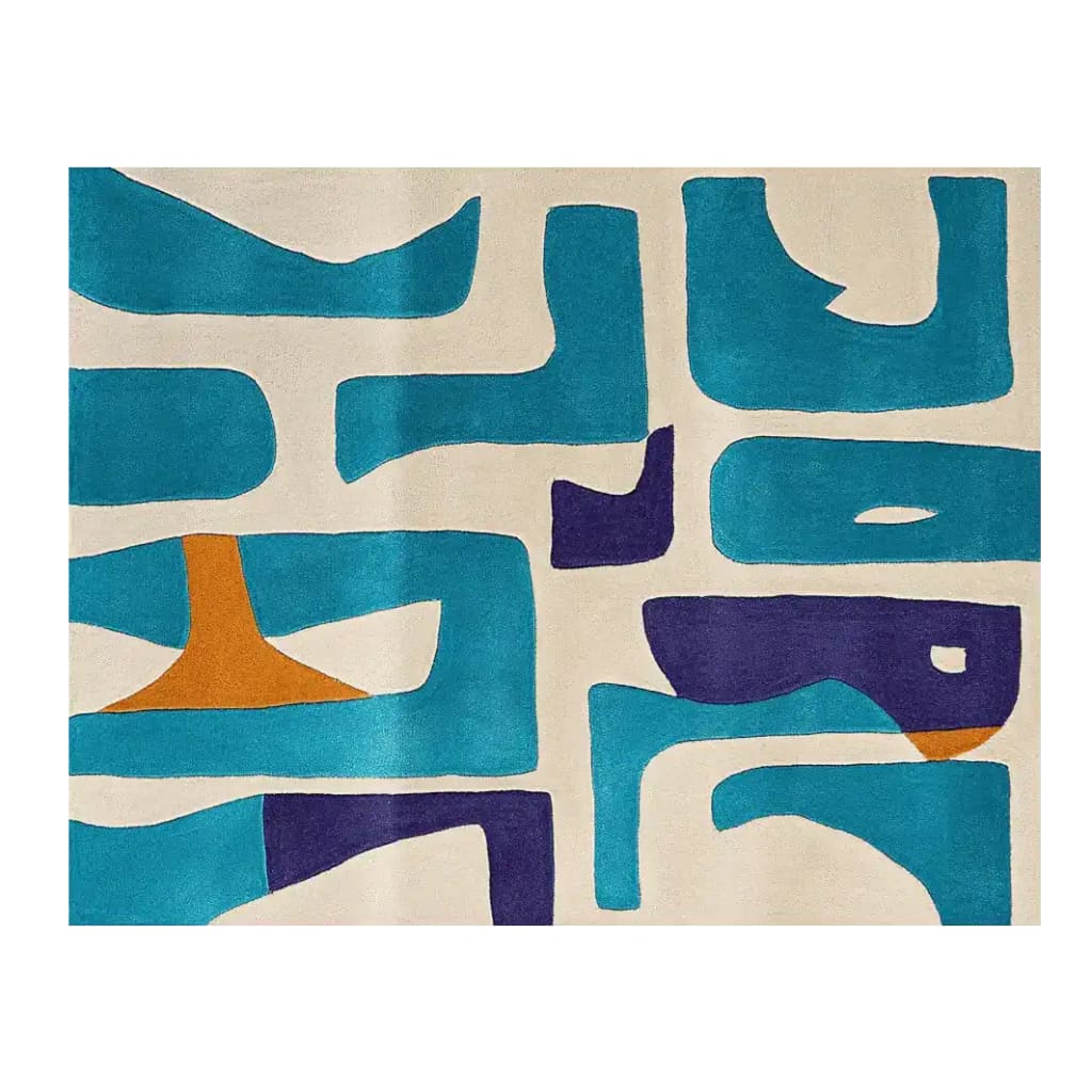 Abstract, vibrant area rug showcasing a playful mix of blue, purple, and orange shapes on a cream base. Ideal for adding a contemporary touch to living room spaces, this wool rug is perfect as a living room area rug, especially in an 8x10 size.