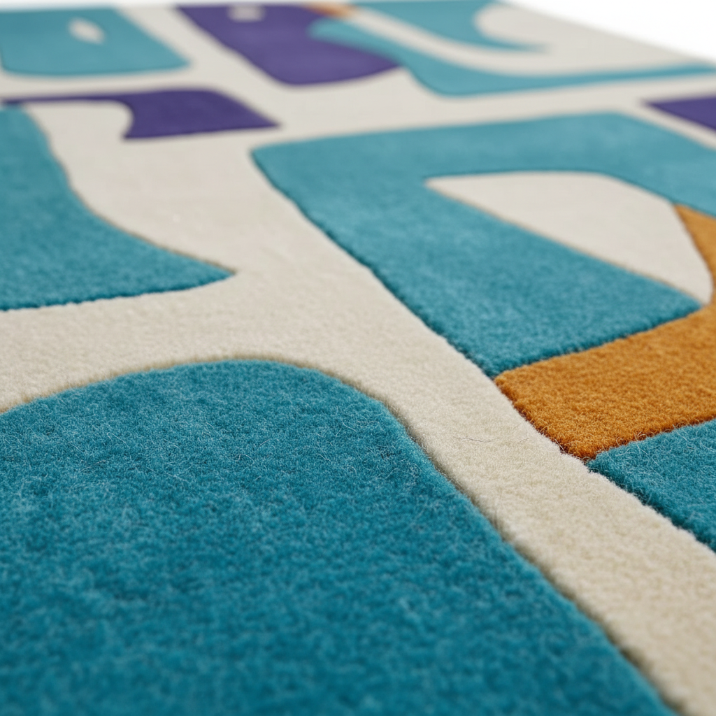 Close-up of a colorful geometric-patterned rug with blue, purple, beige, and orange colors.