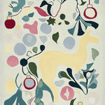 A vibrant area rug featuring playful abstract designs in soft pastels, including a yellow animal silhouette and colorful leaf patterns. This hand-tufted wool rug adds a whimsical touch to large living room rugs, perfect for creating a cozy and inviting space.