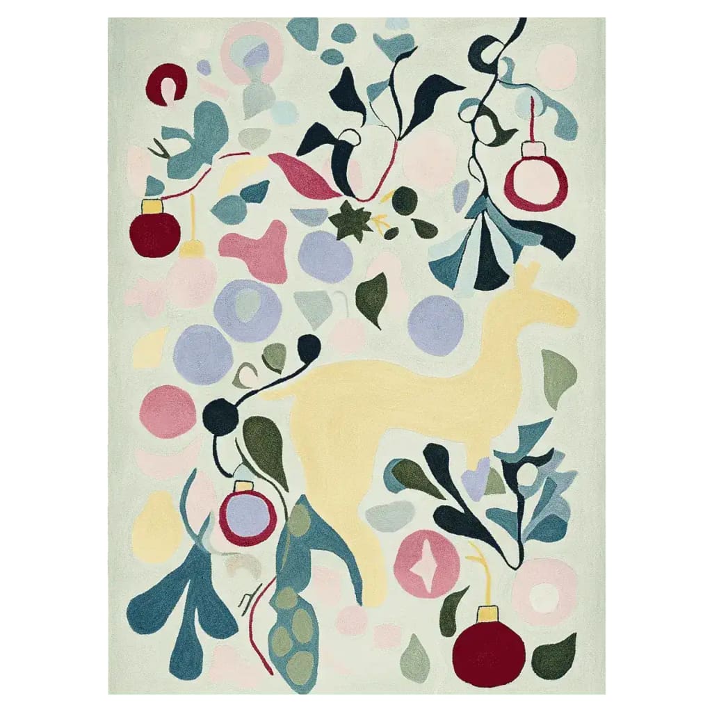 A vibrant Playful Holiday Meadow Hand Tufted Area Rug featuring a whimsical design with abstract shapes and a deer silhouette. The wool rug showcases a mix of earthy tones and pops of color, perfect for large living room spaces.