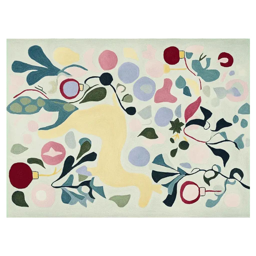 Top view of a Playful Holiday Meadow Hand Tufted Area Rug, showcasing an abstract design with vibrant colors and wool texture. Perfect for large living rooms, this wool rug features a lively mix of shapes and hues that bring a playful touch to any space.