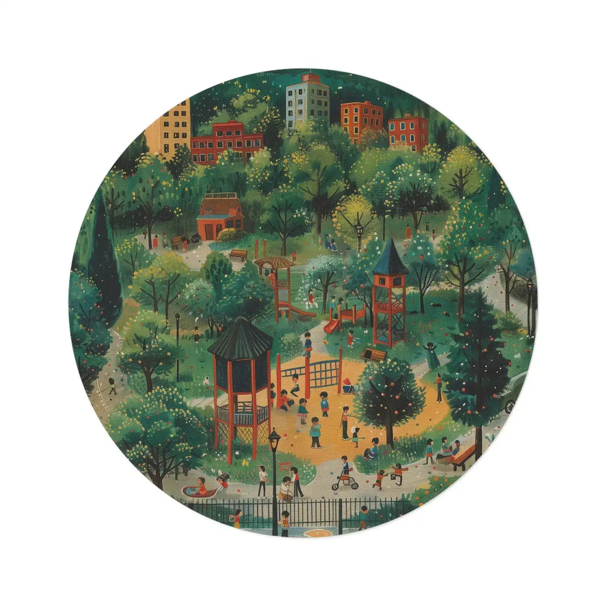 Playful Park Scene Round Rug flat lay, illustrated green park with gazebo, playground tower, trees and tiny figures