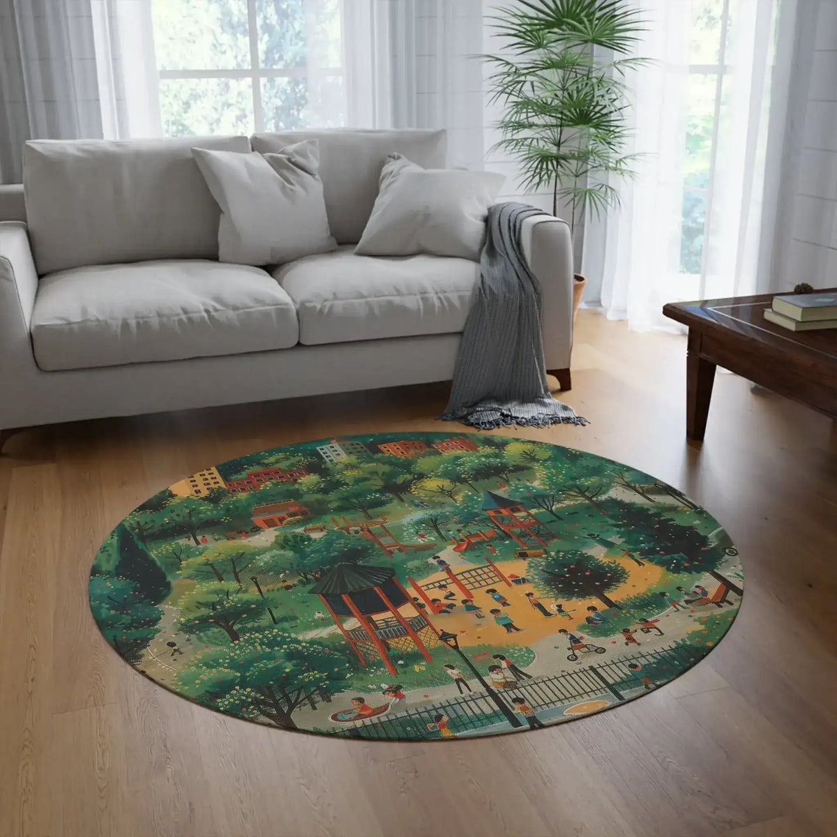 Playful Park Scene Round Rug on light wood floor in bright living room with white sofa and plant, green park illustration