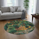 Playful Park Scene Round Rug on light wood floor in bright living room with white sofa and plant, green park illustration