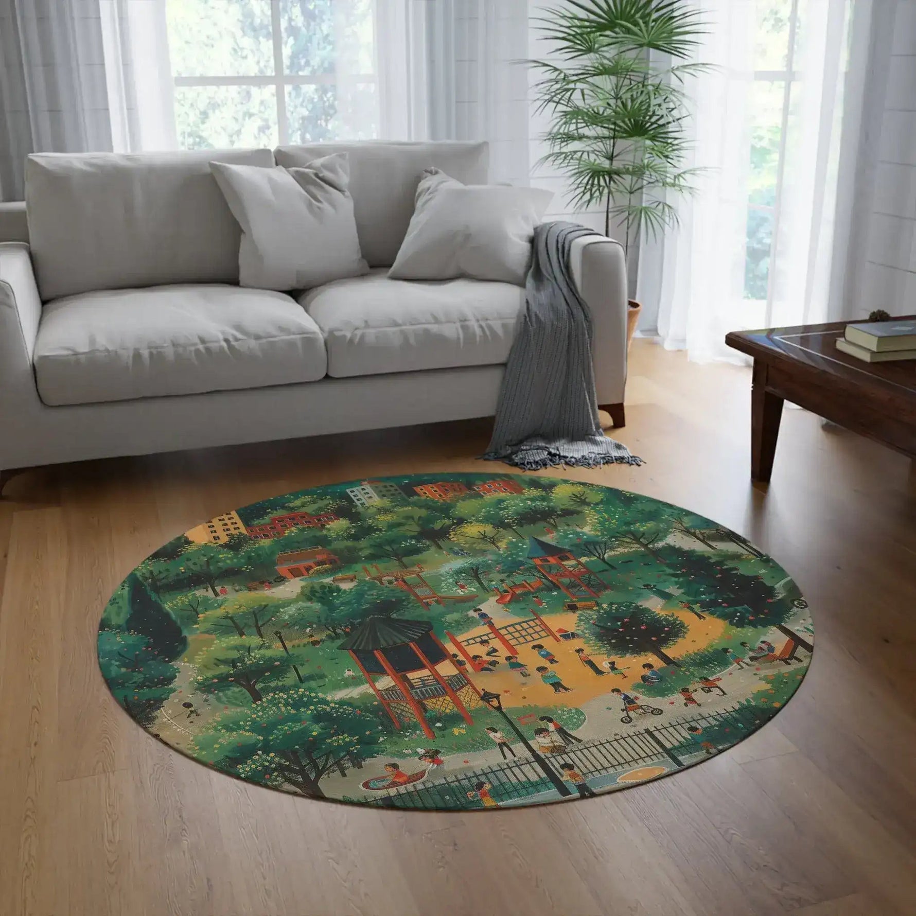 Playful Park Scene Round Rug on light wood floor in bright living room with white sofa and plant, green park illustration