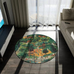 Playful Park Scene Round Rug on dark wood floor in a sunlit room, illustrated green park-and-playground scene visible