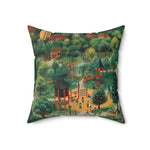 Square throw pillow with colorful illustrated city park, children playing near gazebo and tower, green canopy, Playful Park Scene Throw Pillow angled