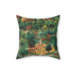 Square throw pillow showing whimsical illustrated park with playground, lush trees and buildings in background, Playful Park Scene Throw Pillow detail