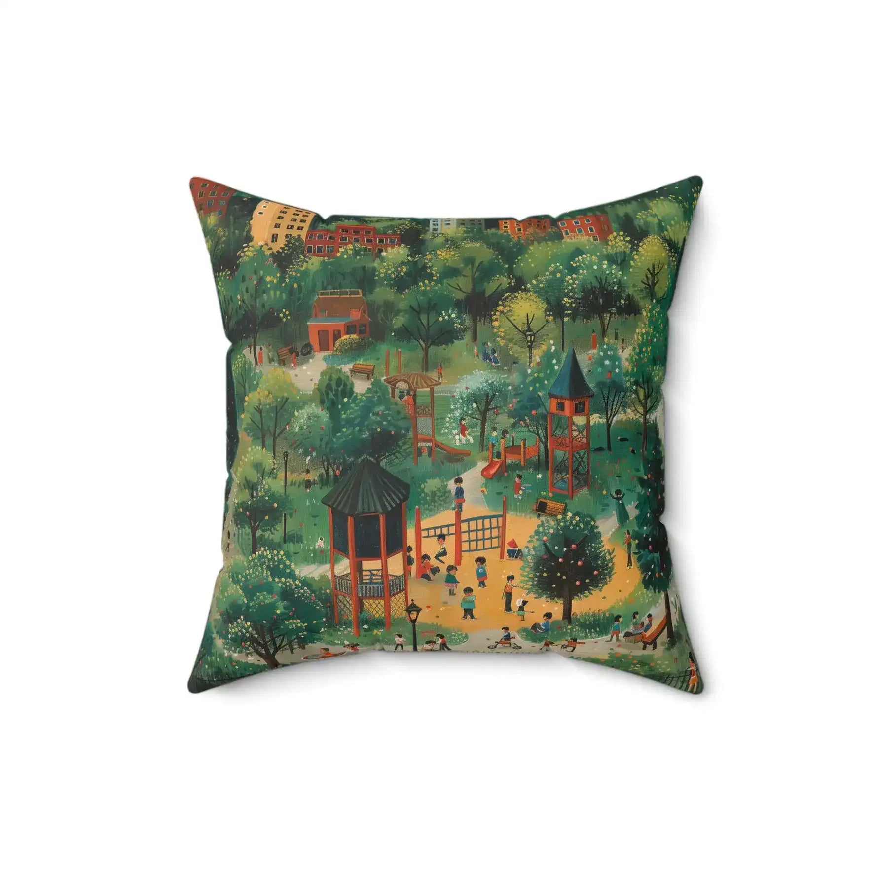 Square throw pillow showing whimsical illustrated park with playground, lush trees and buildings in background, Playful Park Scene Throw Pillow detail