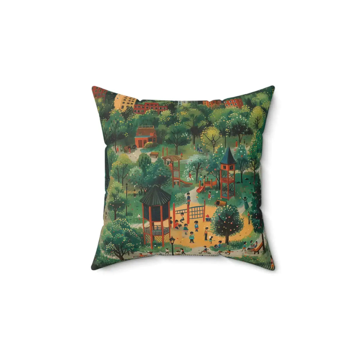 Square throw pillow isolated on white, illustrated green park scene with tiny playing children and red-brick buildings, Playful Park Scene Throw Pillow front-2