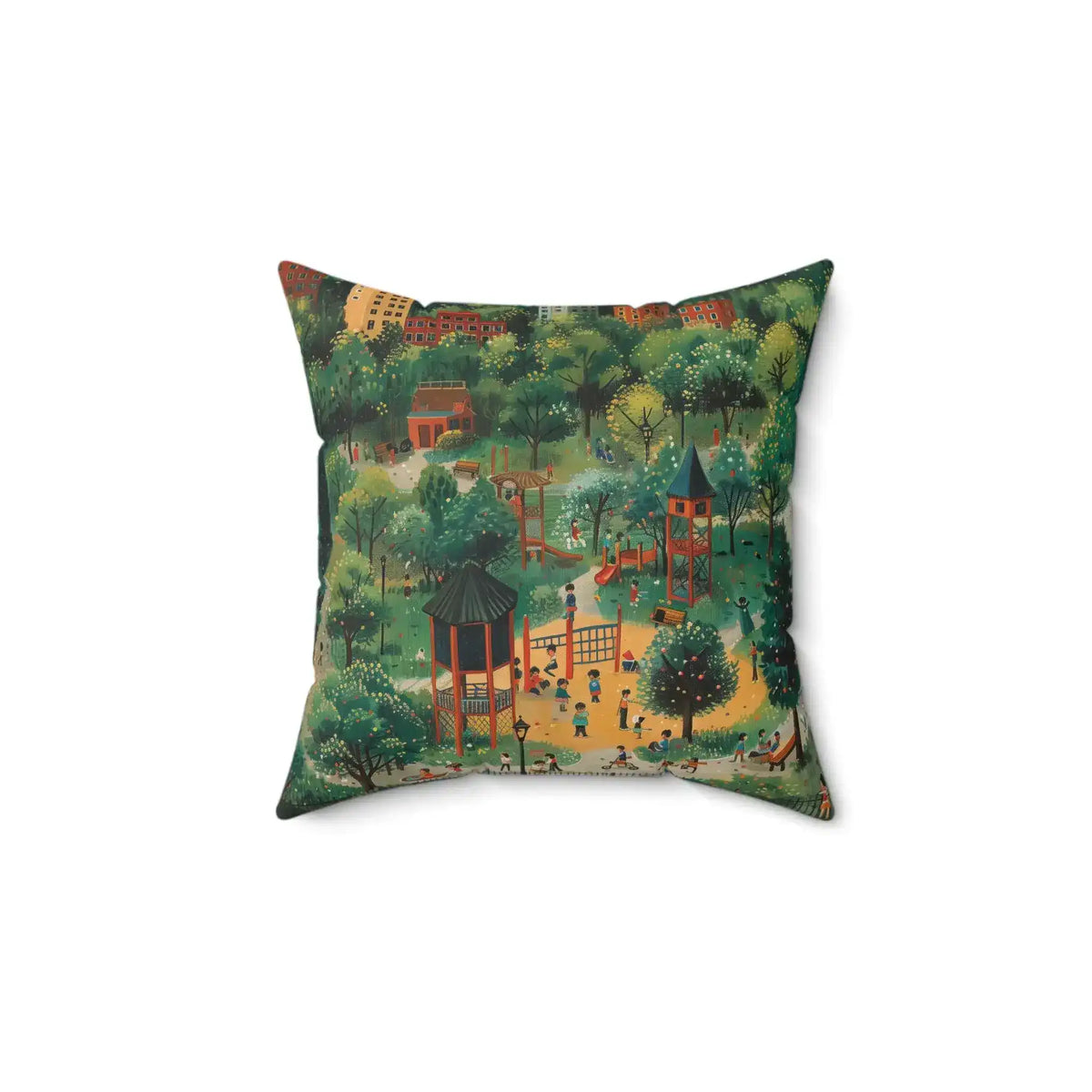 Square throw pillow with illustrated aerial park scene, green trees, gazebo, playground tower and tiny figures, Playful Park Scene Throw Pillow front
