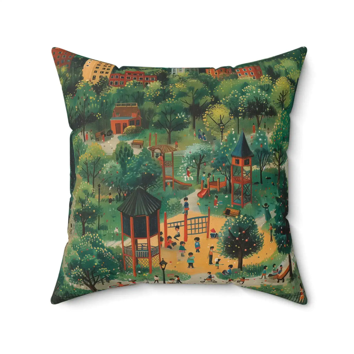 Square throw pillow displaying illustrated park landscape with figures, playground equipment and dense green trees, Playful Park Scene Throw Pillow side