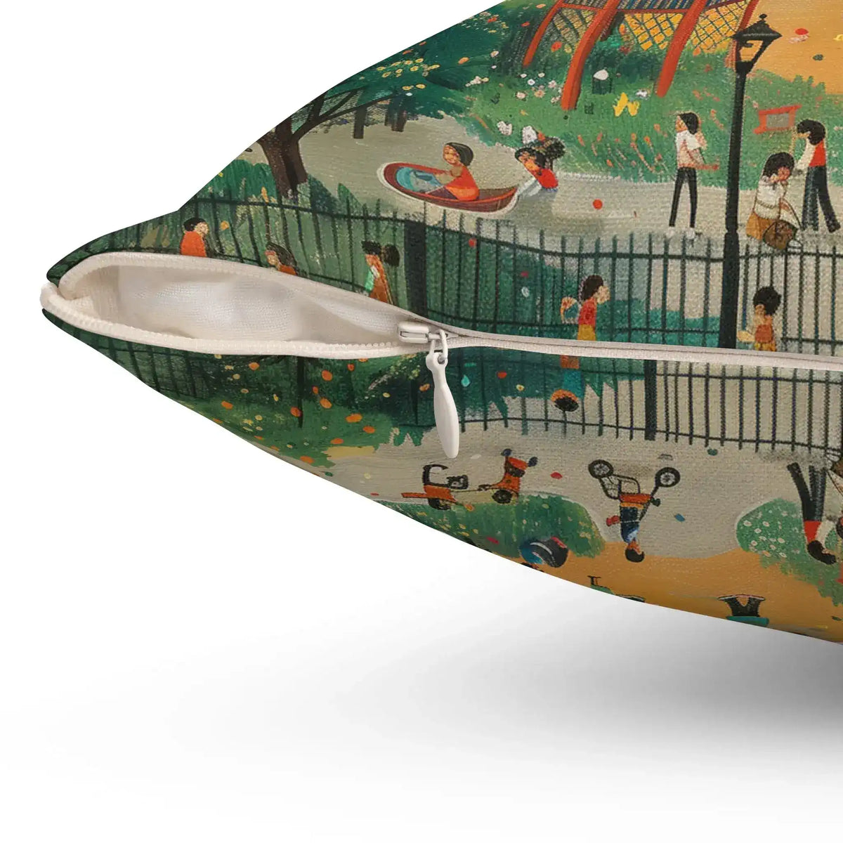 Close-up of corner of Playful Park Scene Throw Pillow showing hidden white zipper closure, illustrated park pattern visible on green fabric