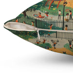 Close-up of corner of Playful Park Scene Throw Pillow showing hidden white zipper closure, illustrated park pattern visible on green fabric