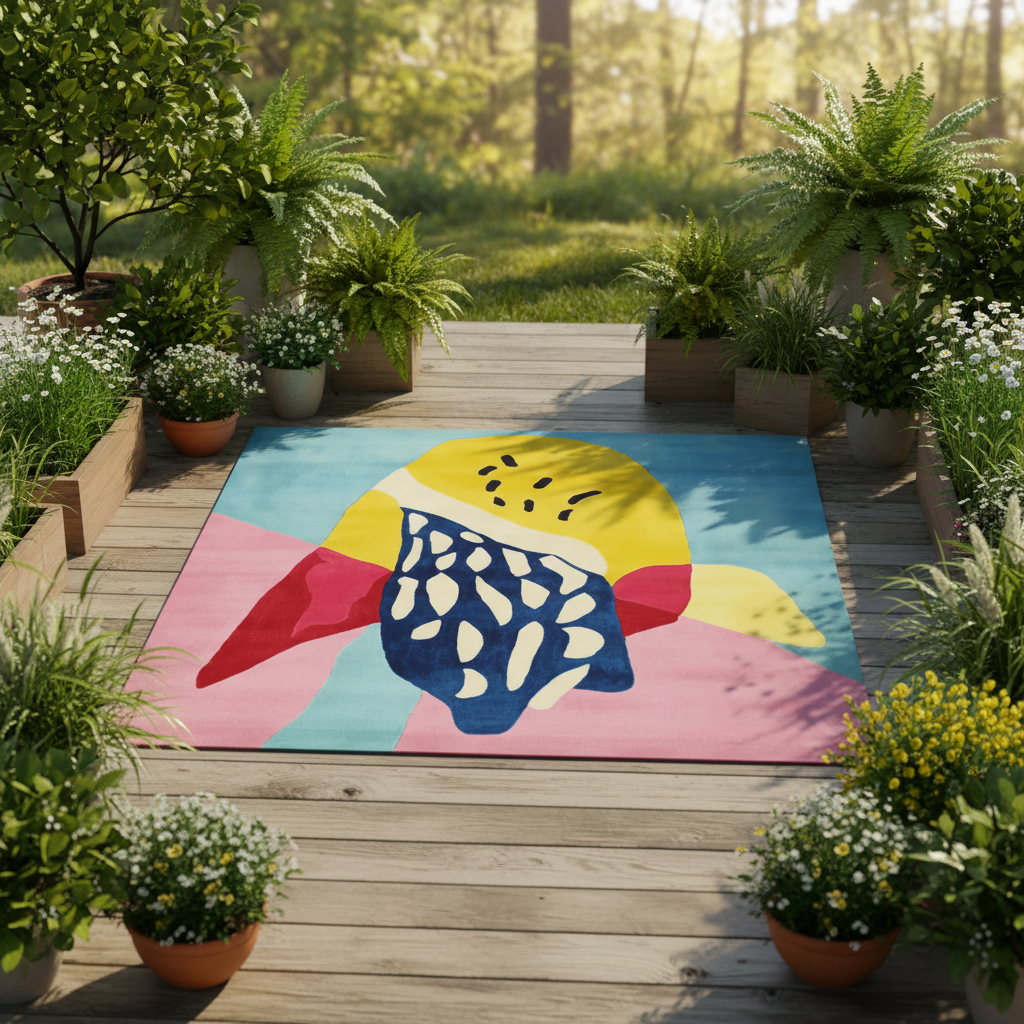 Colorful toucan rug on a wooden deck surrounded by plants