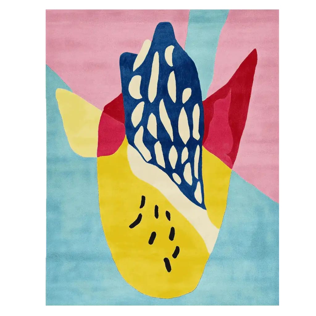 A vibrant area rug with a playful abstract design, featuring bold colors like blue, yellow, red, and pink. This contemporary wool rug is perfect for adding a touch of modern art to your living room. Ideal as a large living room rug, it combines style and comfort effortlessly.