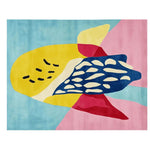 Vibrant and colorful area rug with abstract patterns, featuring bold yellow, blue, pink, and red hues. This contemporary wool rug is perfect for adding a playful touch to modern living spaces. Ideal as a large living room rug, it combines artistic flair with cozy comfort.