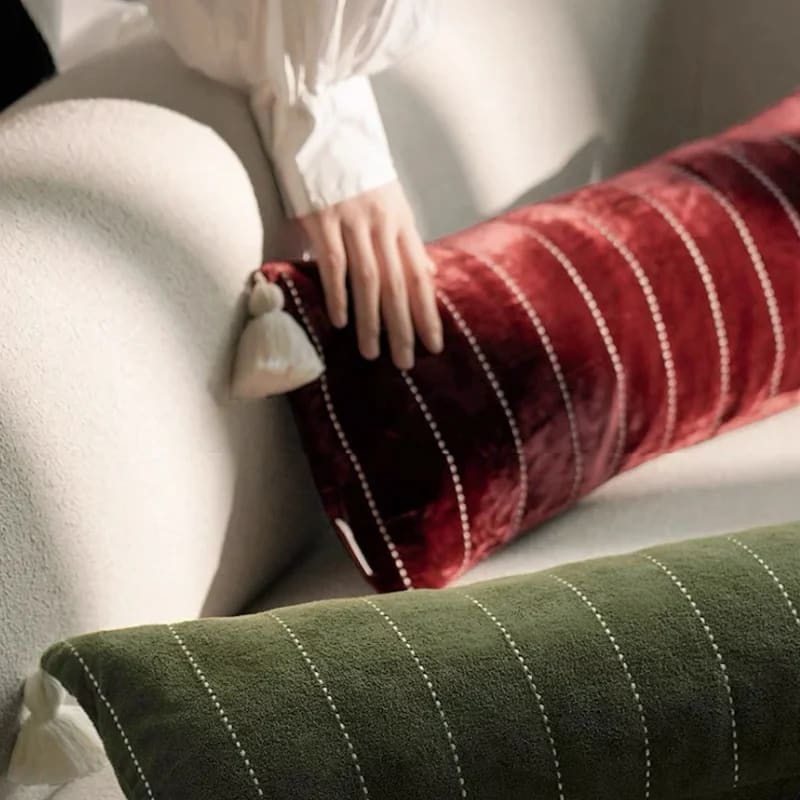 Stylish plush velvet throw pillows with tassels, featuring rich colors and decorative stitching, perfect for adding a cozy touch to any living space.
