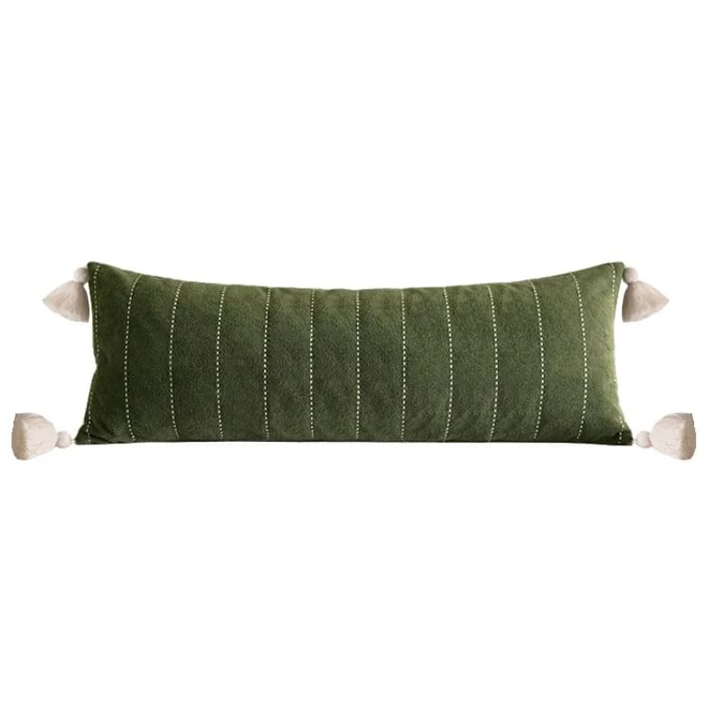 Plush velvet throw pillow cover with tassels, featuring a rich green color and stylish striped design, perfect for home decor.
