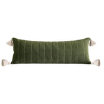 Plush velvet throw pillow cover with tassels, featuring a rich green color and stylish striped design, perfect for home decor.