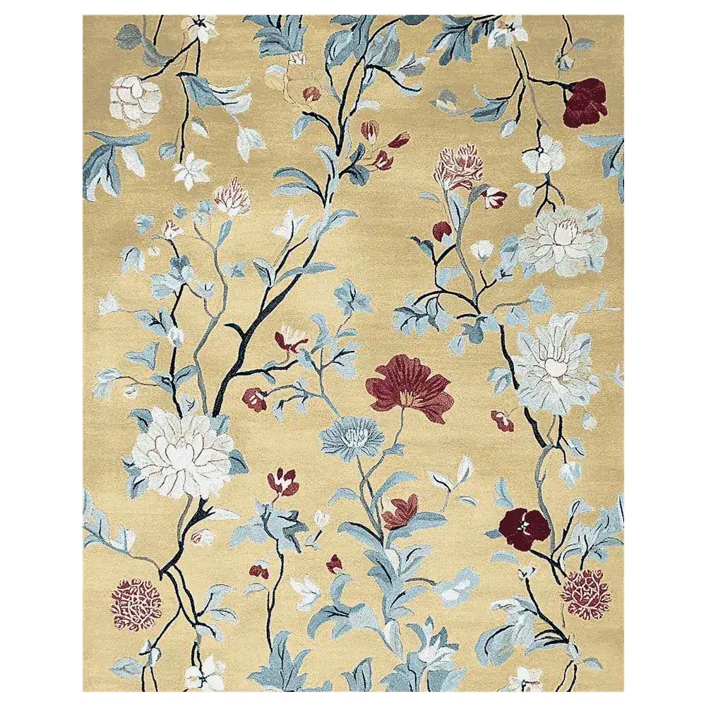 Poetic Garden Grace Hand Tufted Area Rug featuring a vibrant floral design on a warm beige background. Perfect wool rug for large living room spaces, adding elegance and comfort.