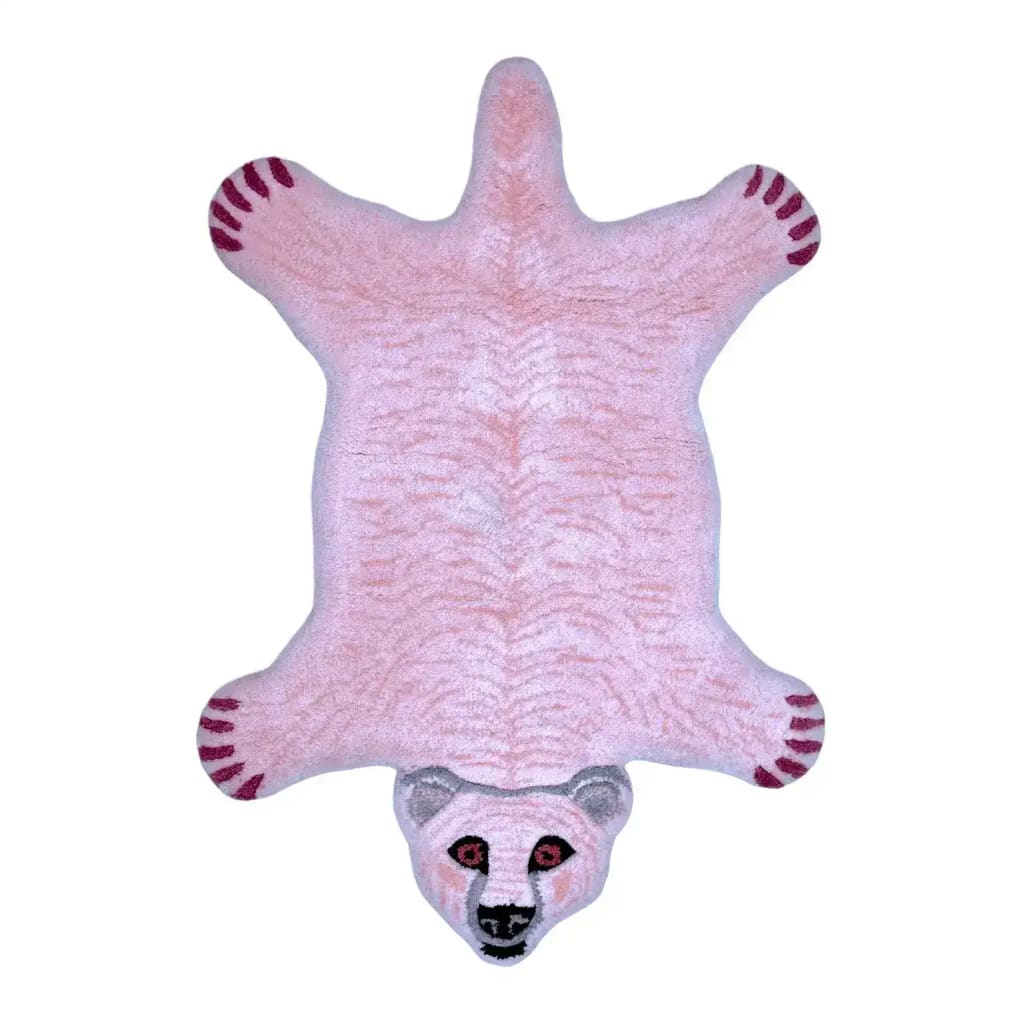 Charming Polar Bear shaped tufted wool rug in pink, perfect for adding a playful touch to your dining room or living room. This unique area rug features a detailed polar bear design, making it an eye-catching addition to any space. Ideal as a dining table rug or living room area rug.
