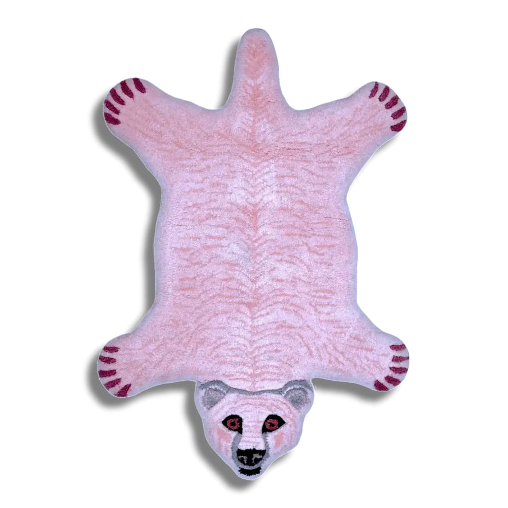 Charming Polar Bear Shaped Tufted Wool Rug in pink, perfect for adding a playful touch to your living room or dining room. This unique area rug design is ideal under a dining table or as a cozy living room area rug.