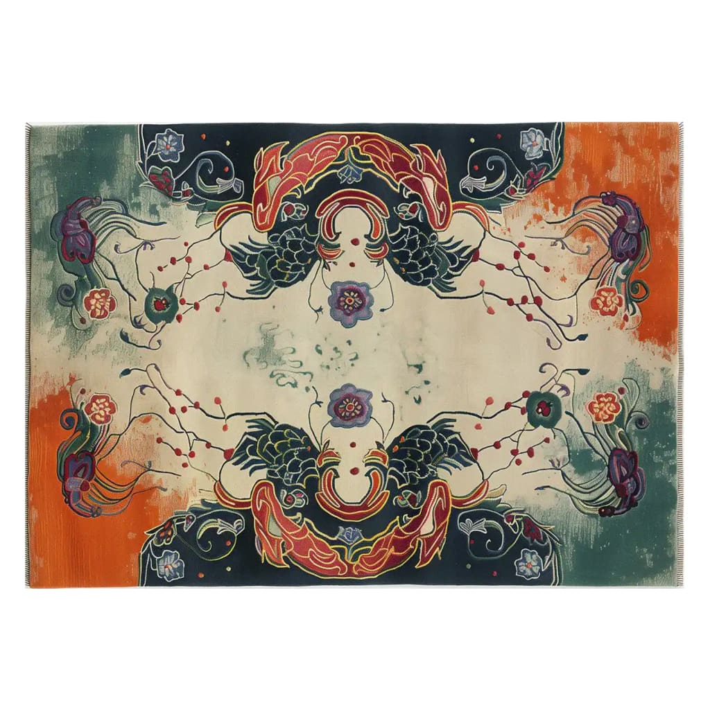 A vibrant Pomegranate Dreams Hand Tufted Wool Rug featuring an intricate vintage design. The area rug showcases bold colors and abstract floral patterns, making it an ideal focal point for large living room spaces. This wool rug offers a luxurious texture and timeless appeal, perfect for those seeking a unique touch with their area rugs for the living room.